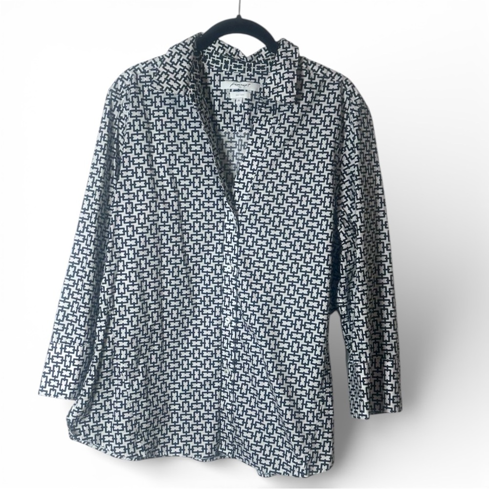 Foxcroft NYC White & Black Link Print Easy Care Button Dowen Shirt XL